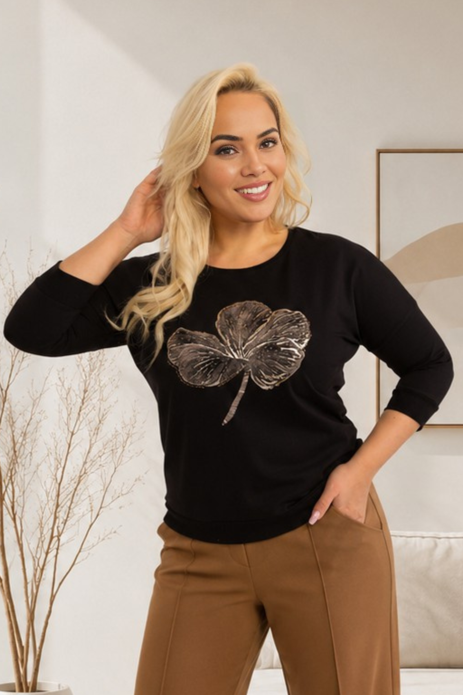 Черна дамска блуза с големи размери и 3/4 ръкави – Plus Size