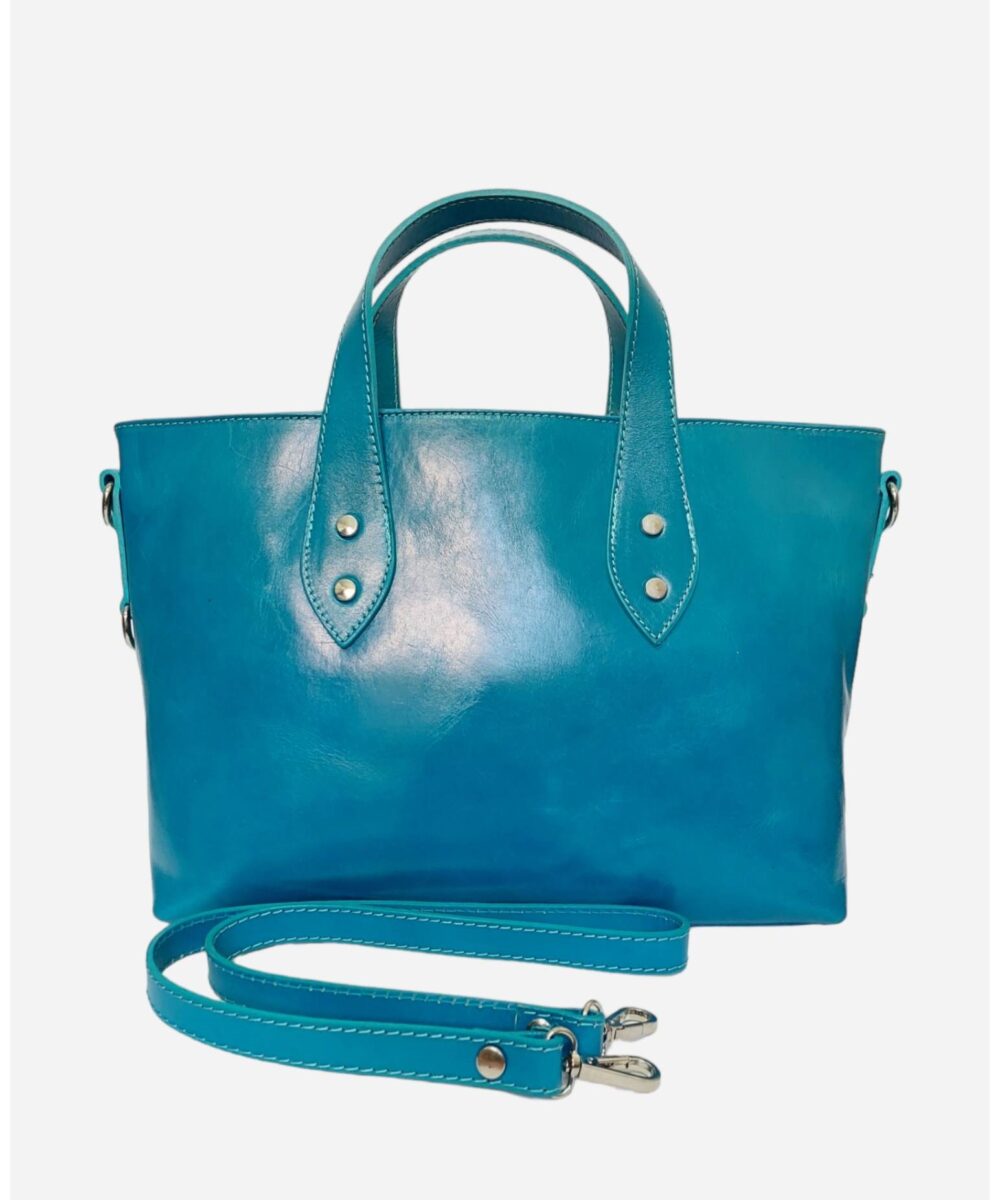 Синя дамска чанта от естествена кожа