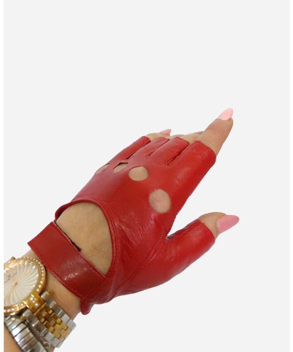 Червени дамски ръкавици без пръсти, естествена кожа