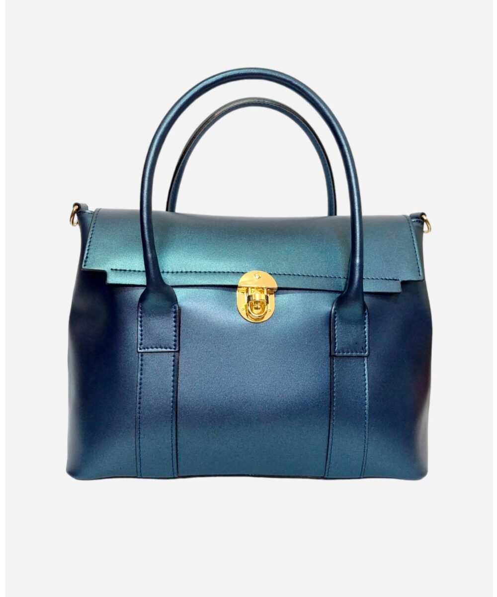 Синя дамска чанта от естествена кожа, перлен цвят