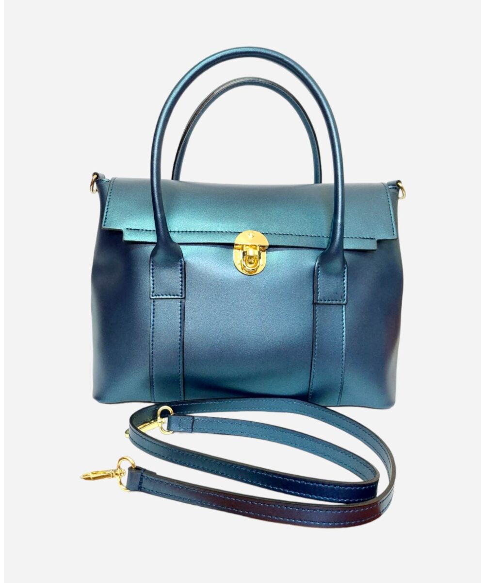 Синя дамска чанта от естествена кожа, перлен цвят