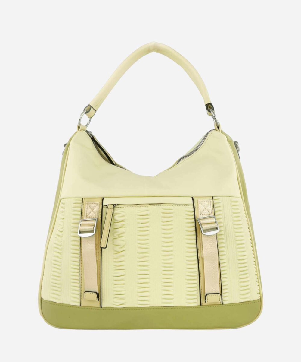 Жълто зелена дамска чанта тип торба с прегради