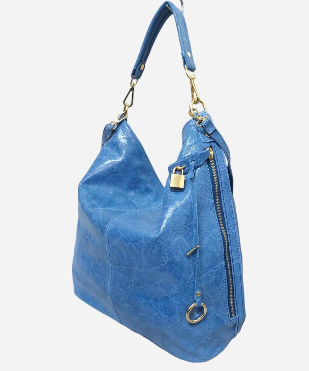 Голяма синя дамска чанта тип торба естествена кожа 1