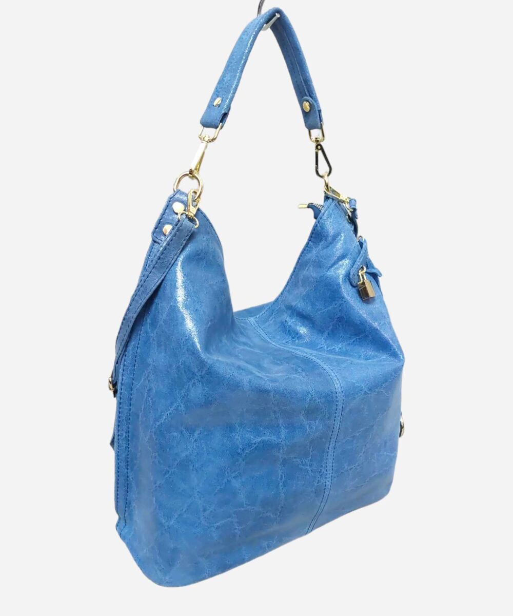 Голяма синя дамска чанта тип торба естествена кожа 3