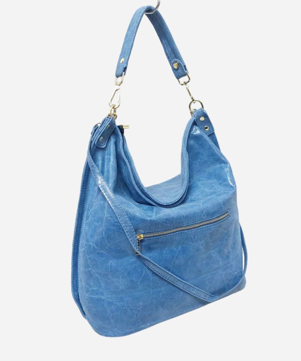Голяма синя дамска чанта тип торба естествена кожа 4